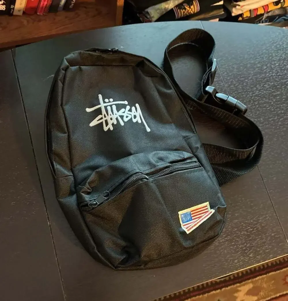 Stussy Troops Black Sling Bag Crossbody Backpack with American Flag Patch
